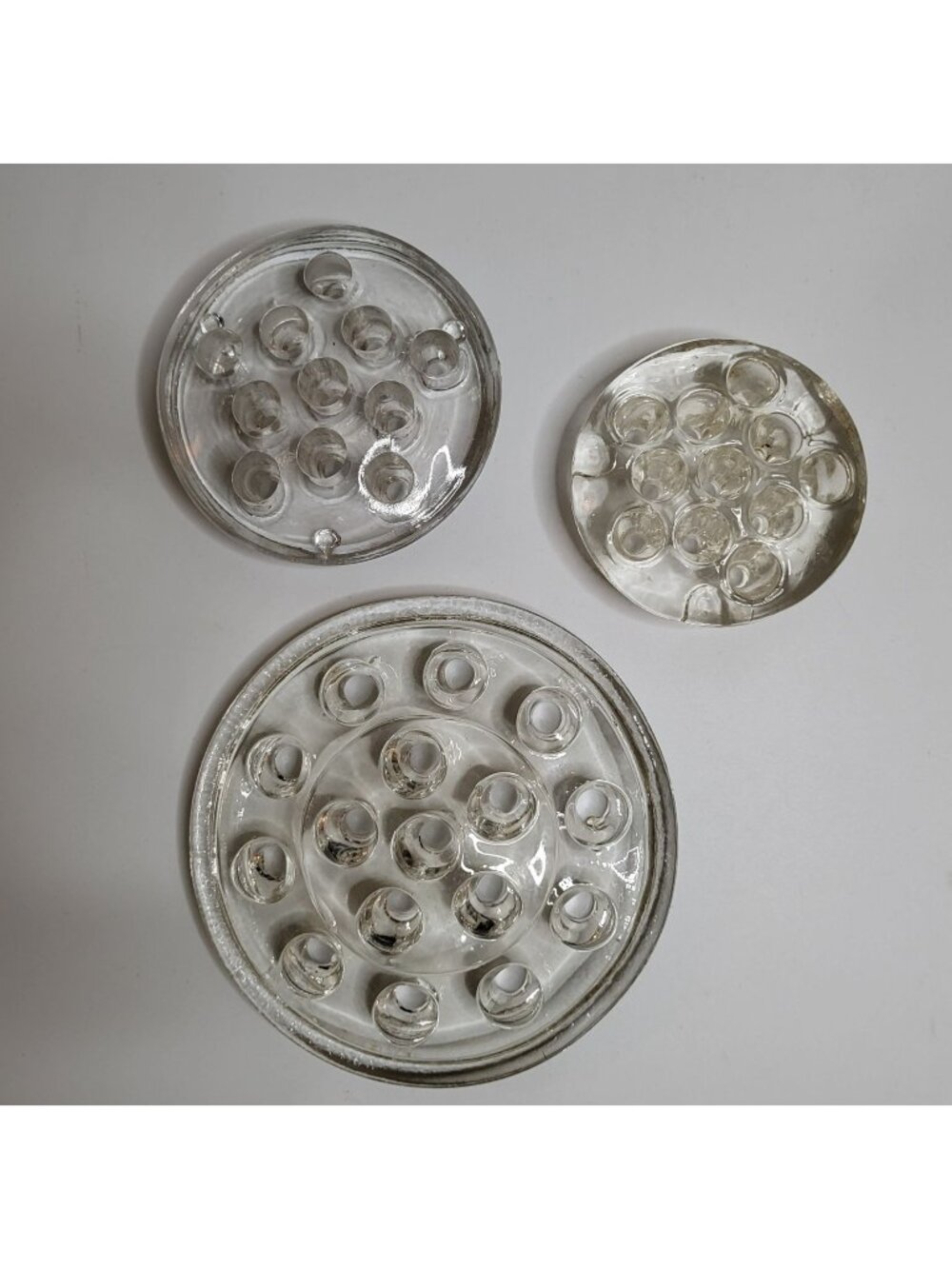 Lot of 3 Vtg Clear Glass Flower Frogs - 5", 3.25", 2.75"